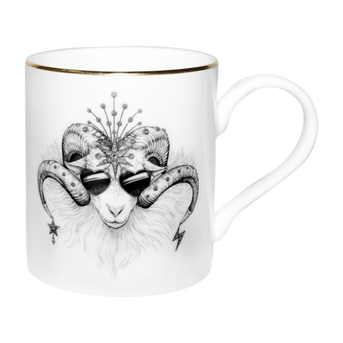 Portrait of a Ram with sunglasses completed in ink design on fine bone china mug