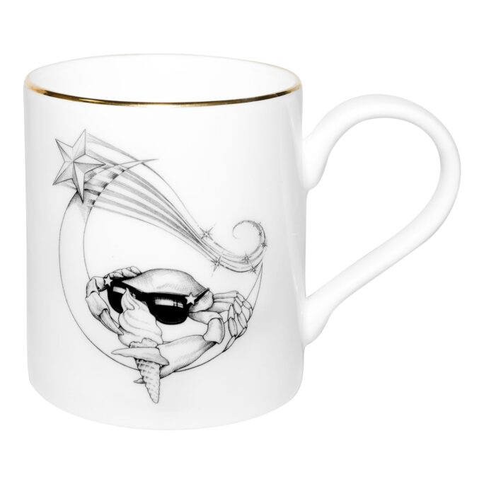 Crab with sunglasses sitting on the new moon in the skies with start. Ink design on fine bone china mug