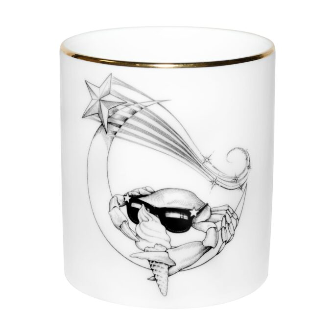 Cancer Zodiac Cutesy Candle in a Fine Bone China container decorated with black Intricate Ink Illustrations. Made in England