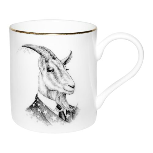 Sea Goat portrait dressed in suit in black ink design on fine bone china mug