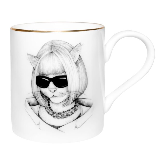 Image of the lady cat wearing suit, sunglasses and jewellery. Ink design on a fine bone china