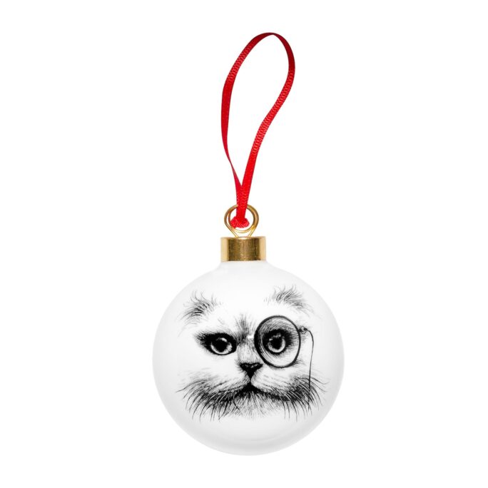 Cat with monocle in ink design on white fine bone china bauble with a red ribbon