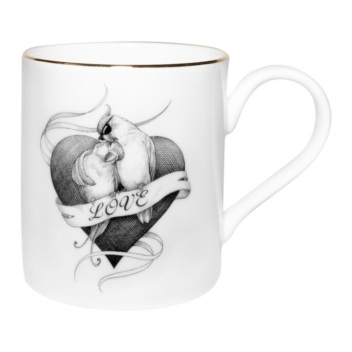 Two birds in the heart shape with love writing. Majestic Mug