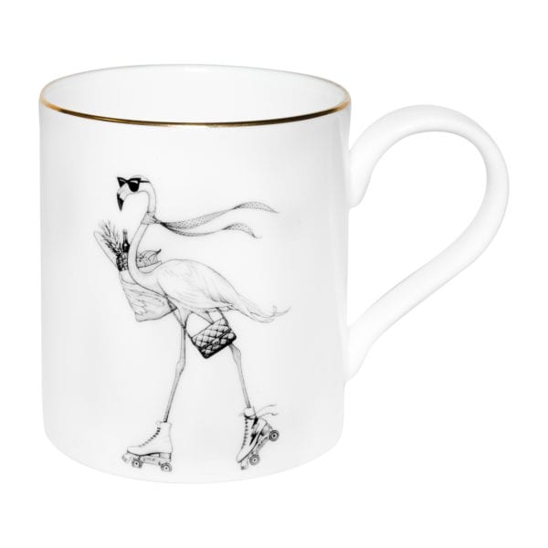 Flamingo on a rollerblades with sunglasses and bag ink design on a fine bone china mug