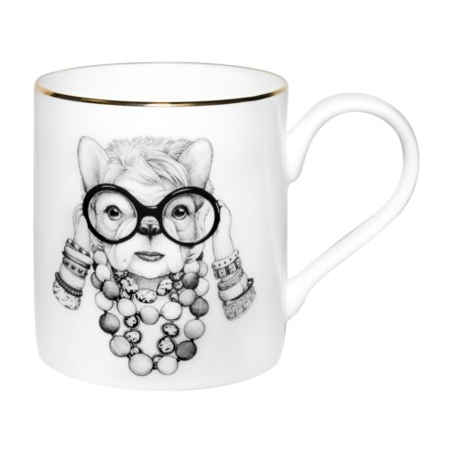 French Bulldog wearing glasses and jewellery on white fine bone china mug in ink design with 22 carat detailing