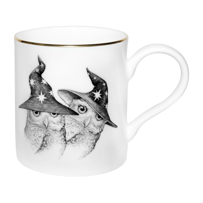 Gemini Zodiac Majestic Mug Two Owls in hats in ink design on white fine bone china with 22 carat detailing