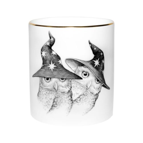 Two owls in witch hats Scorpio Zodiac Cutesy Candle in a Fine Bone China container decorated with black Intricate Ink Illustrations. Made in England