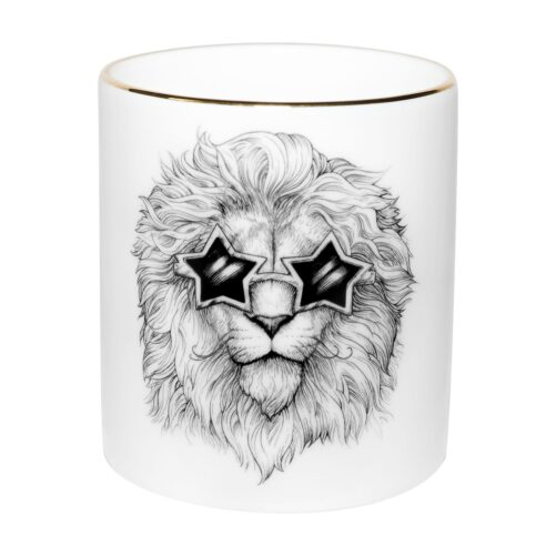 Leo wearing sunglasses Cutesy Candle in a Fine Bone China container decorated with black Intricate Ink Illustrations. Made in England