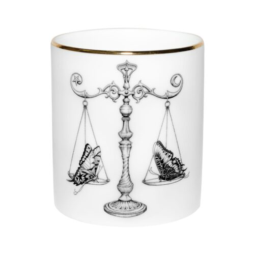Libra Zodiac Cutesy Candle in a Fine Bone China container decorated with black Intricate Ink Illustrations. Made in England