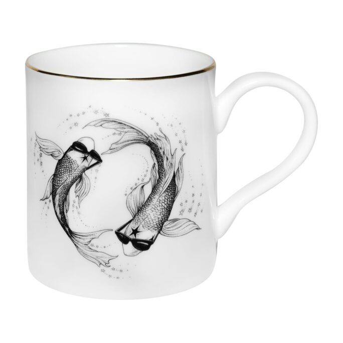 Two fishes swimming round in circles wearing sunglasses. Ink design on fine bone china mug