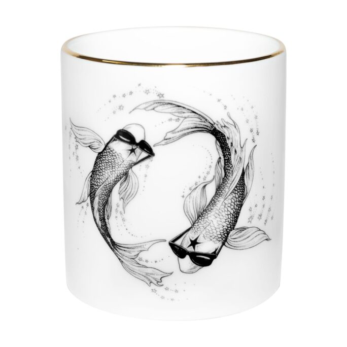 Two fishes, wearing sunglasses Pisces Zodiac Cutesy Candle in a Fine Bone China container decorated with black Intricate Ink Illustrations. Made in England