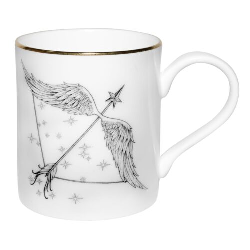 Bow arrow with angle wings and the stars on the background. Ink design on a fine bone china mug