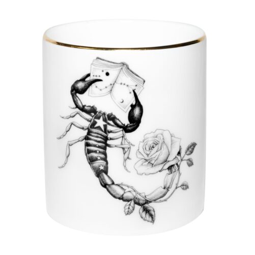 Scorpio Zodiac Cutesy Candle in a Fine Bone China container decorated with black Intricate Ink Illustrations. Made in England