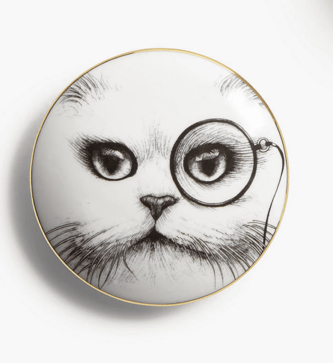 White Fine Bone China Cat Monocle Trinket Box hand decorated and then hand edged in 22 carat gold with jet black ink design. Made in England