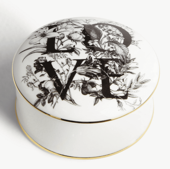 White Fine Bone China Love Flowers Trinket Box hand decorated and then hand edged in 22 carat gold with jet black ink design. Made in England