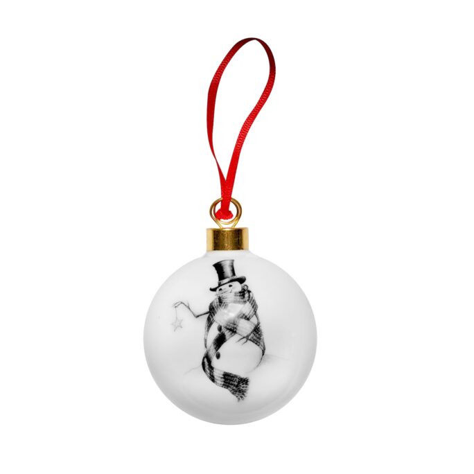 Snowman wearing a top hat ink design on fine bone china bauble