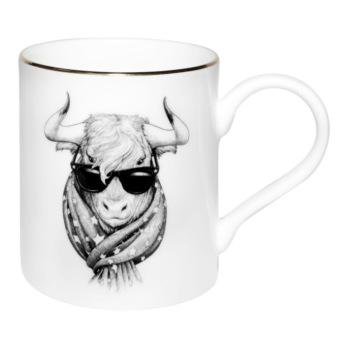 Portrait of a bull wearing sunglasses and scarf. Ink design on a fine bone china mug