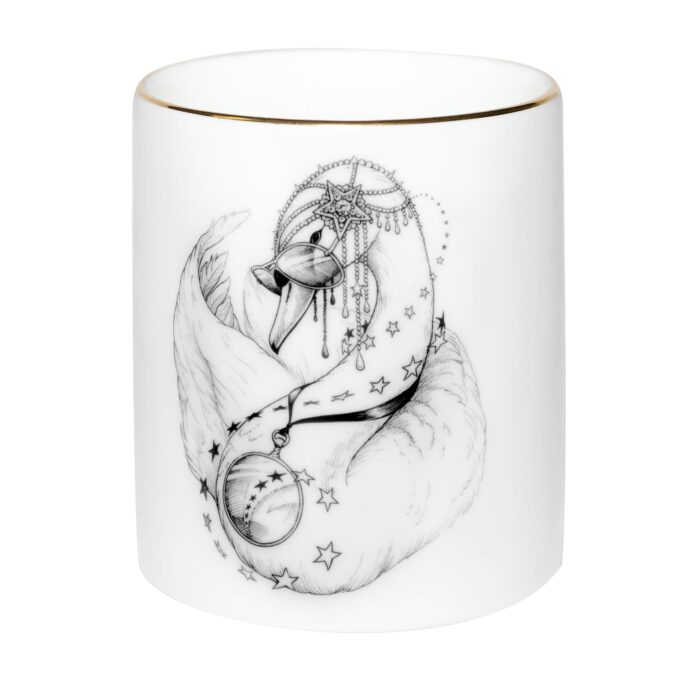 Elegant dove wearing jewels and sunglasses in ink design on ceramic candle