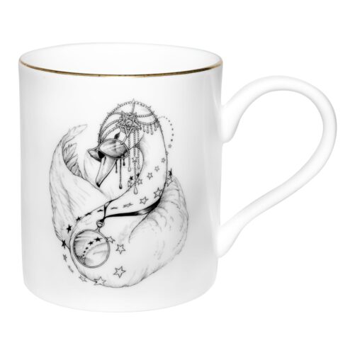 Elegant swan wearing jewellery and sunglasses in ink design on fine bone china mug