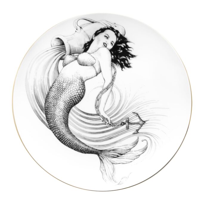 Aquarius Mermaid Fine Bone China Zodiac Plate with a jet black hand screen printed Intricate Ink Illustration. Made In England.