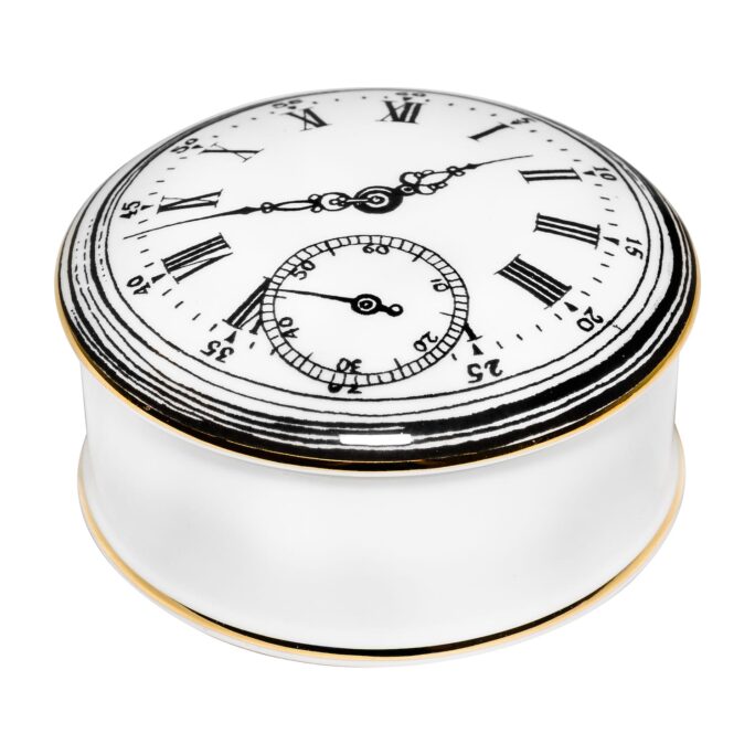 White Fine Bone China Clock Trinket Box hand decorated and then hand edged in 22 carat gold with jet black ink design. Made in England,