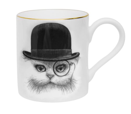 Cat wearing a top hat with monocle. Ink design on fine bone china mug