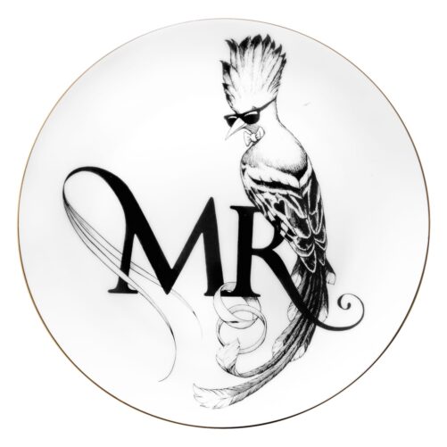 White Fine Bone China MR Wedding Collection Plate with a jet black hand screen printed Intricate Ink Illustration. Made In England.