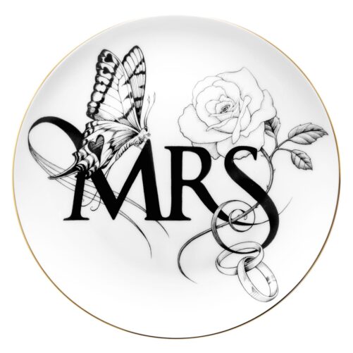White Fine Bone China Wedding Collection Plate with a jet black hand screen printed Intricate Ink Illustration. Made In England.