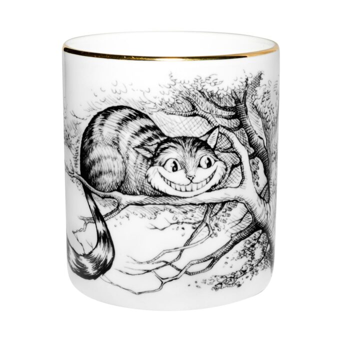Alice in Wonderland Cheshire Cat Cutesy Candle in a Fine Bone China container decorated with black Intricate Ink Illustrations.