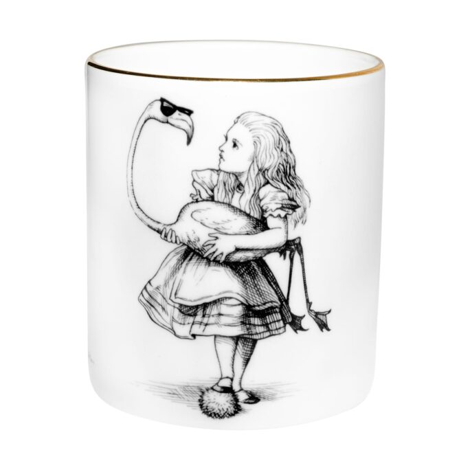 Alice in Wonderland Flamingo Cutesy Candle in a Fine Bone China container decorated with black Intricate Ink Illustrations. Made in England