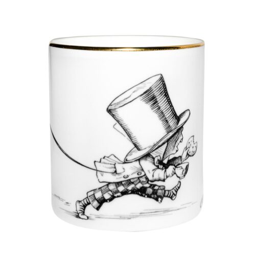 Alice in Wonderland Mad Hatter Cutesy Candle in a Fine Bone China container decorated with black Intricate Ink Illustrations. Made in England