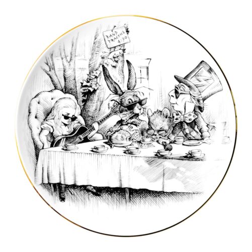 alice mad hatter tea party in ink design on white fine bone china with 22 carat detailing