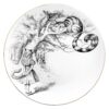 A cat sitting on the tree and girl looking at it in white fine bone china plate with 22 carat detailing