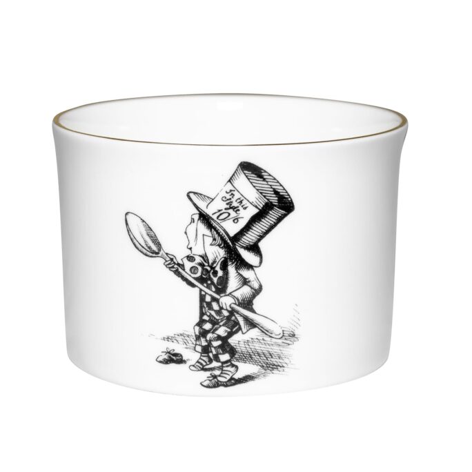 sugar bowl made of white fine bone china with 22 carat detailing and an image of a man wearing a top hat and holding spoon