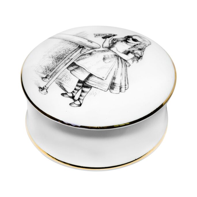 Fine Bone China Alice in Wonderland Table Trinket Box is the perfect place to keep your Very Special treasure safe & sound. Made in England. 22 carat detailing, girl standing next to table