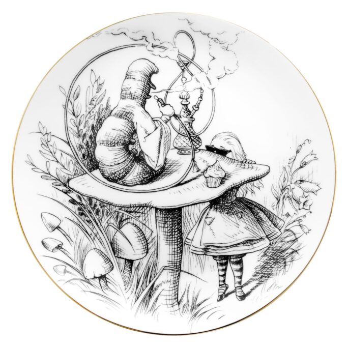 White Fine Bone China Alice in Wonderland Caterpillar Plate with a jet black hand screen printed Intricate Ink Illustration. Made In England.