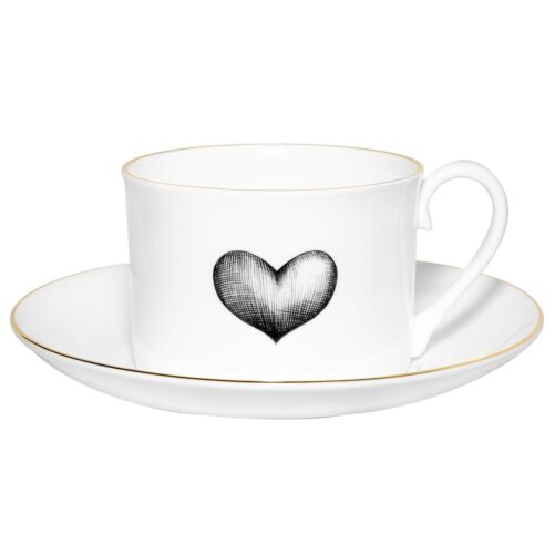 Black heart in ink design on a white fine bone china cup with saucer and 22 carat detailing