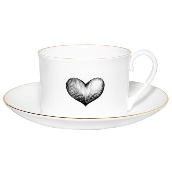 Black heart in ink design on a white fine bone china cup with saucer and 22 carat detailing