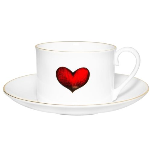 Red heart in ink design on white fine bone china with saucer. 22 carat detailing