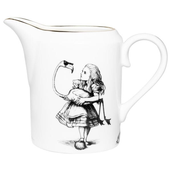 Girl holding Flamingo in ink design on white fine bone china milk mug with 22 carat detailing