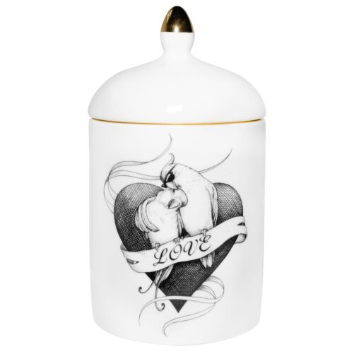 birds in love sitting on the heart. Loved Up Lovebirds Heart Popitin Pot is lidded ceramic container with one of beautiful black printed Intricate Ink drawings. Made in England