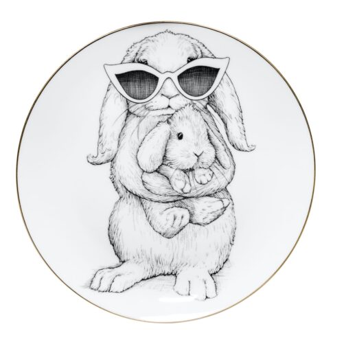 Bunny wearing sunglasses standing holding baby bunny