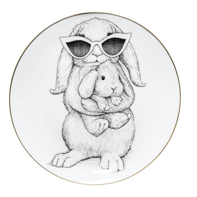 Bunny wearing sunglasses standing holding baby bunny