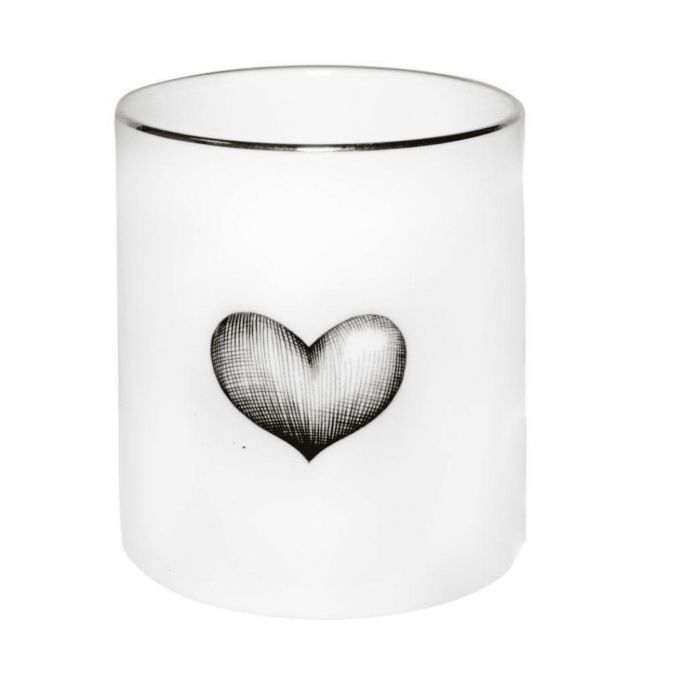 Black heart drawn in ink design on ceramic candle with 22 carat detailing