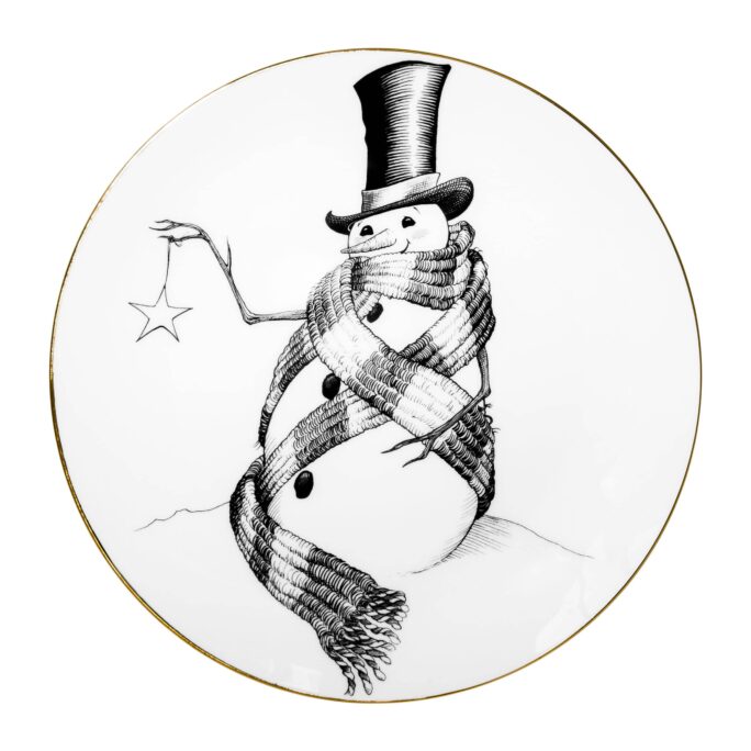 Snowman wrapped in scarf wearing a top hot and holding star in ink design on white fine bone china plate
