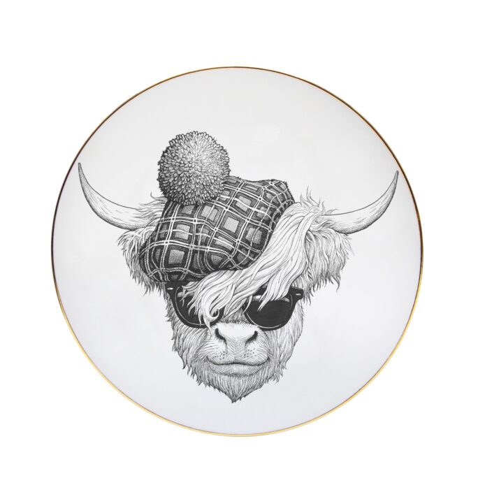 Highland bull with tartan hat and sunglasses