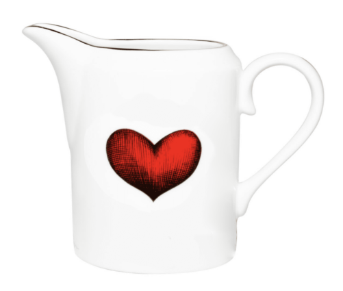 Red hear in ink design on white fine bone china milk jug with 22 carat detailing