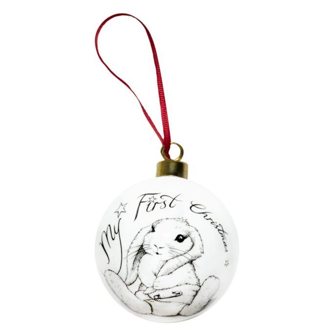 bunny sitting down with the writing on top "my first Christmas" in ink design on fine bone china Christmas bauble
