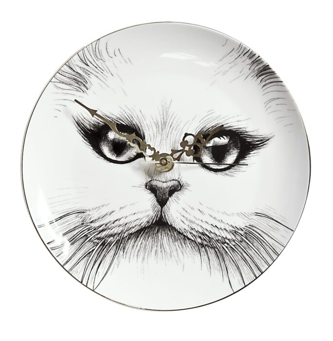 White Fine Bone China Cat No Monocle Clock, with brass battery operated mechanism. Available in all of our Perfect Plates. Made in England