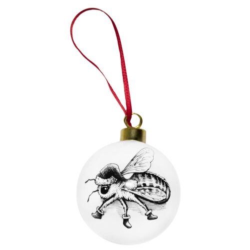 bee wearing Christmas Hat with boots non 4 legs in ink design on white bone china bauble with red ribbon